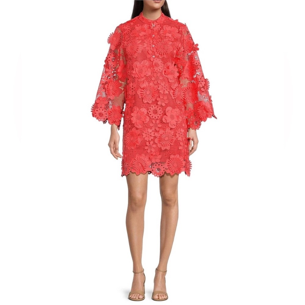 NWT J.Marie Seraphina Floral 3D Lace Split Round Button Up Neck Shift Dress Sz M